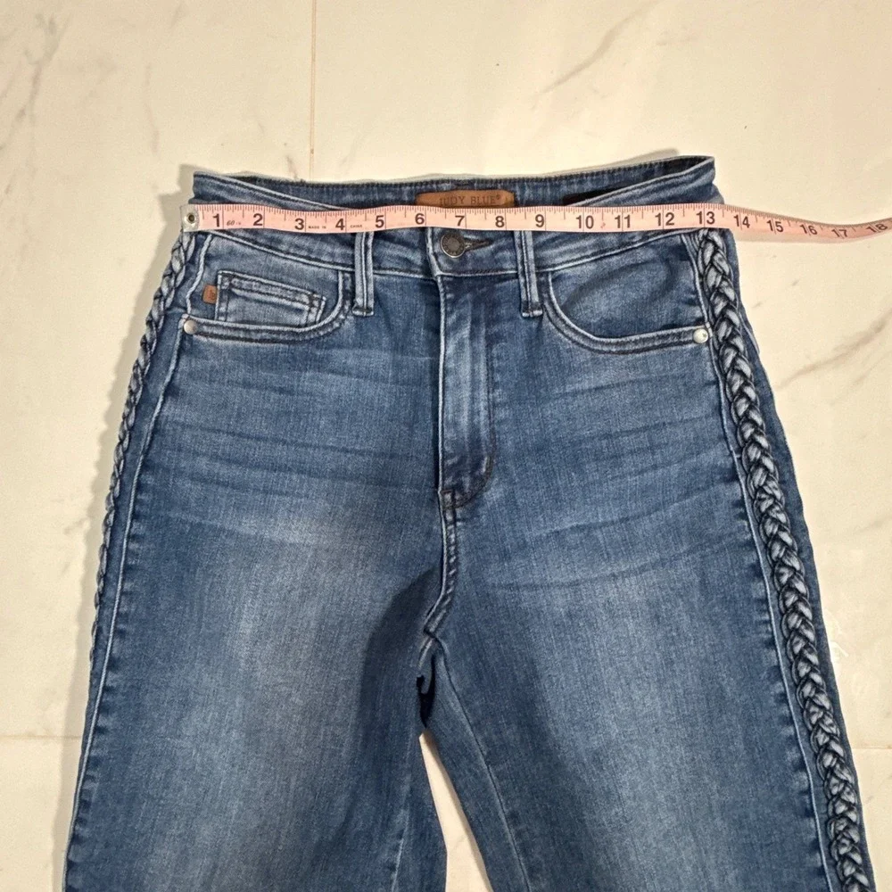 Judy Blue Wide Leg Jeans Womens 5/27 Blue Excellent Braided Side Seam Stretch